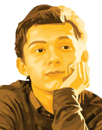 Monochromatic portrait of Peter Parker (played by Tom Holland)