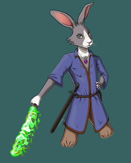 Commission of client's D&D character, a dual-wielding harengon wizard